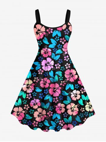 Plus Size Colorful Flowers Print Hawaii Tank Dress - BLACK - 5X
