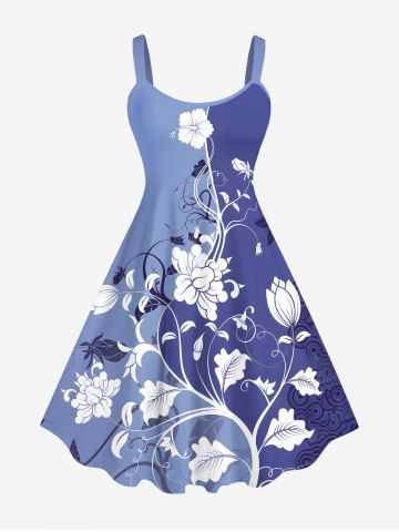 Plus Size Flowers Leaf Curve Colorblock Print Hawaii Tank Dress - BLUE - L