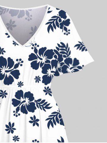 Plus Size Hibiscus Flowers Leaf Ombre Colorblock Print Hawaii Split Dress