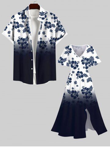 Plus Size Hibiscus Flowers Leaf Ombre Colorblock Print Hawaii Split Dress
