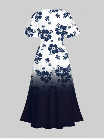 Plus Size Hibiscus Flowers Leaf Ombre Colorblock Print Hawaii Split Dress