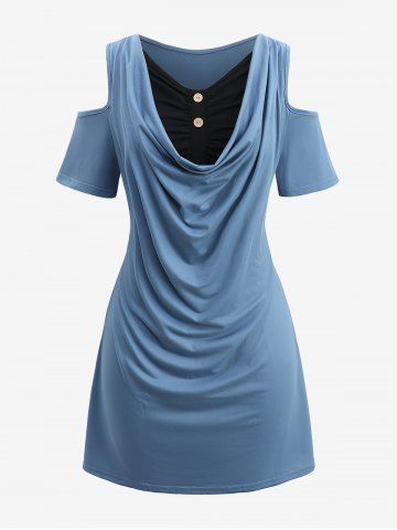 Plus Size Ruched Buttons Cowl Neck Cold Shoulder Dress - BLUE - 1XL