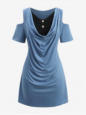 Plus Size Ruched Buttons Cowl Neck Cold Shoulder Dress - BLUE - 5XL