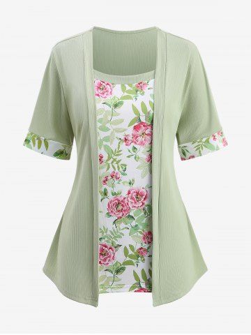 Plus Size Flowers Leaf Print Ribbed Textured 2 In 1 T-shirt - GREEN - 5XL