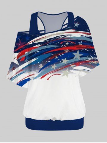 Plus Size Racerback Tank Top and Patriotic American Flag Print Oblique Shoulder T-shirt - BLUE - 4X