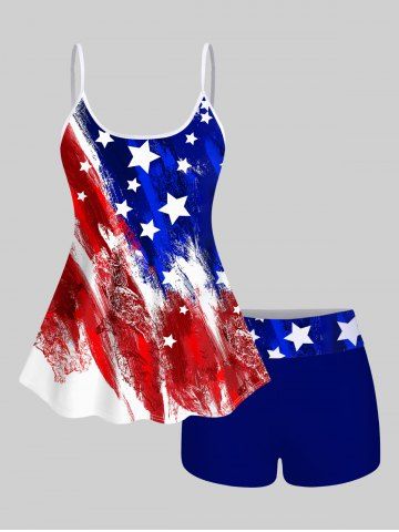 Fashion Painting Patriotic American Flag Print Boyleg Tankini Swimsuit (Adjustable Shoulder Strap) - MULTI-A - S