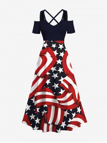 Plus Size Cold Shoulder Striped Ribbon Patriotic American Flag Print Crisscross A Line Dress - BLACK - L