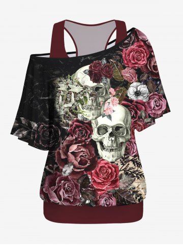 Plus Size Solid Racerback Tank Top and Skulls Painting Flower Print T-shirt Set - BLACK - L