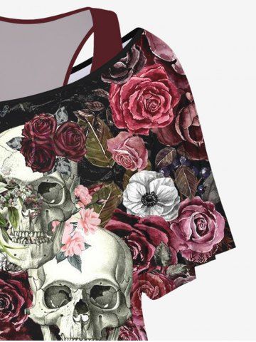 Plus Size Solid Racerback Tank Top and Skulls Painting Flower Print T-shirt Set