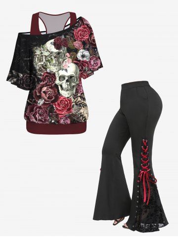 Solid Tank Top and Skulls Painting Flower Print T-shirt Set and Flocking Lace-up Flare Pants Plus Size Outfit - BLACK