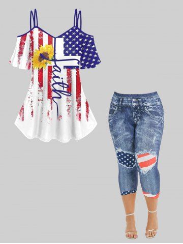 American Flag Sunflower Print T-shirt and 3D Ripped Denim Graphic Leggings Plus Size Matching Set - WHITE