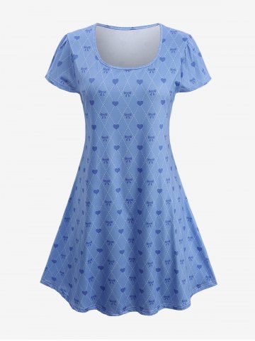 Plus Size Heart Bowknot Diamond Lattice Print Dress - BLUE - 5XL