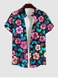 Plus Size Colorful Flowers Print Buttons Pocket Hawaii Shirt For Men -  
