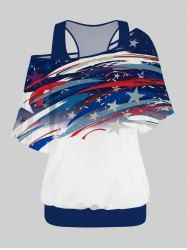 Plus Size Racerback Tank Top and Patriotic American Flag Print Oblique Shoulder T-shirt -  