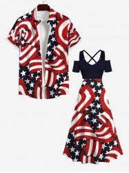 Striped Ribbon Patriotic American Flag Print Plus Size Matching Set For Couples -  