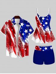 Painting American Flag Print Boyleg Tankini Swimsuit and Shirt Plus Size Matching Set For Couples -  