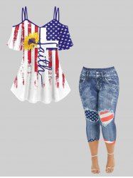 American Flag Sunflower Print T-shirt and 3D Ripped Denim Graphic Leggings Plus Size Matching Set -  