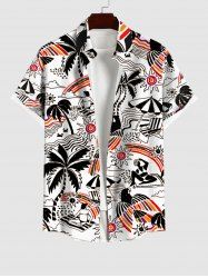Plus Size Coconut Tree Beach Seascape Swallow Sun Print Hawaii Button Pocket Shirt For Men -  
