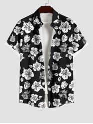 Plus Size Tropical Leaf Hibiscus Flower Print Hawaii Button Pocket Shirt For Men -  