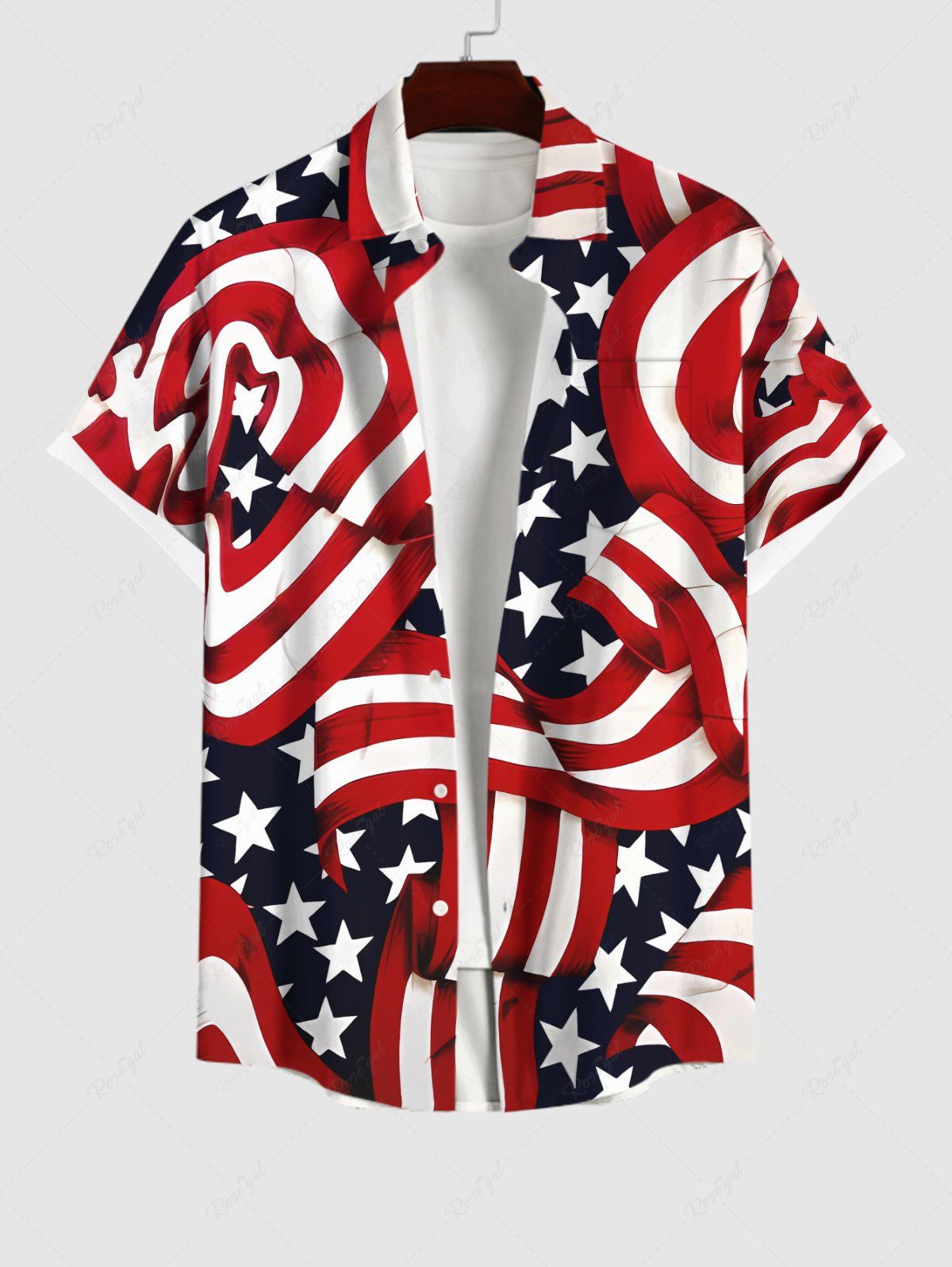 Online Plus Size Striped Ribbon Patriotic American Flag Print Button Pocket Shirt For Men  