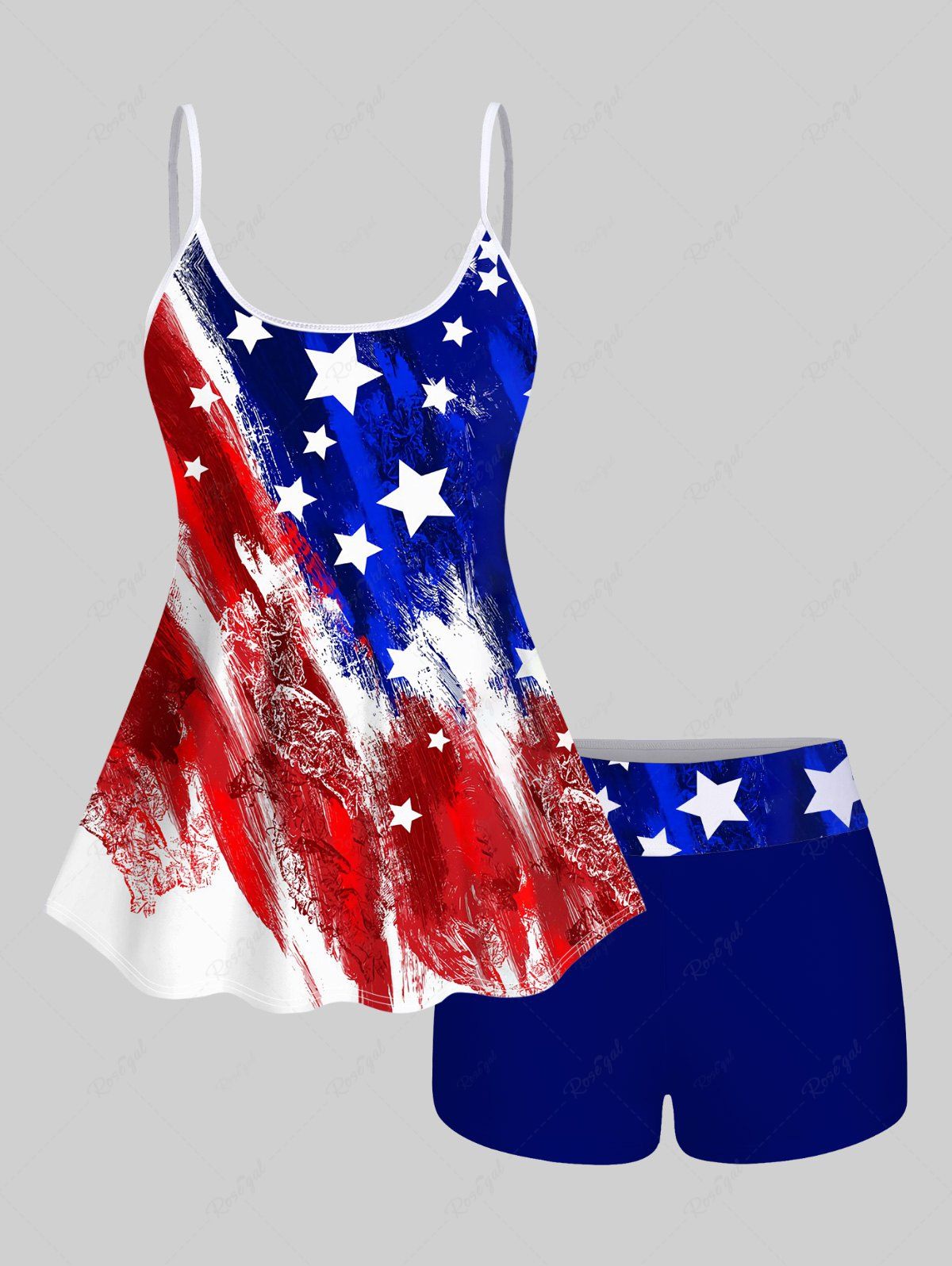 Latest Fashion Painting Patriotic American Flag Print Boyleg Tankini Swimsuit (Adjustable Shoulder Strap)  