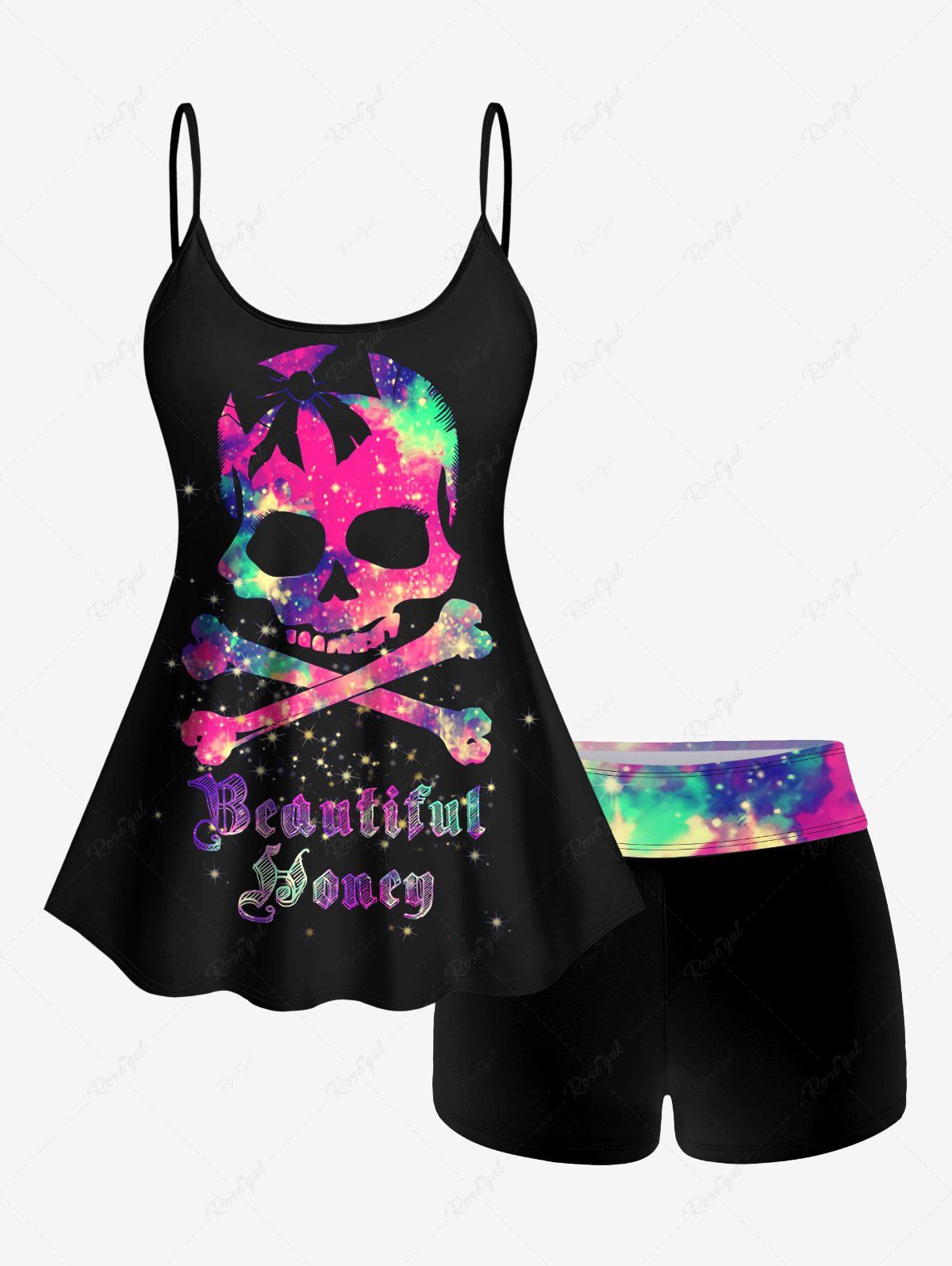 Maillot de Bain Tankini Short de Grande Taille Imprimé de Crâne et Paillettes à Col Montant Noir 2X