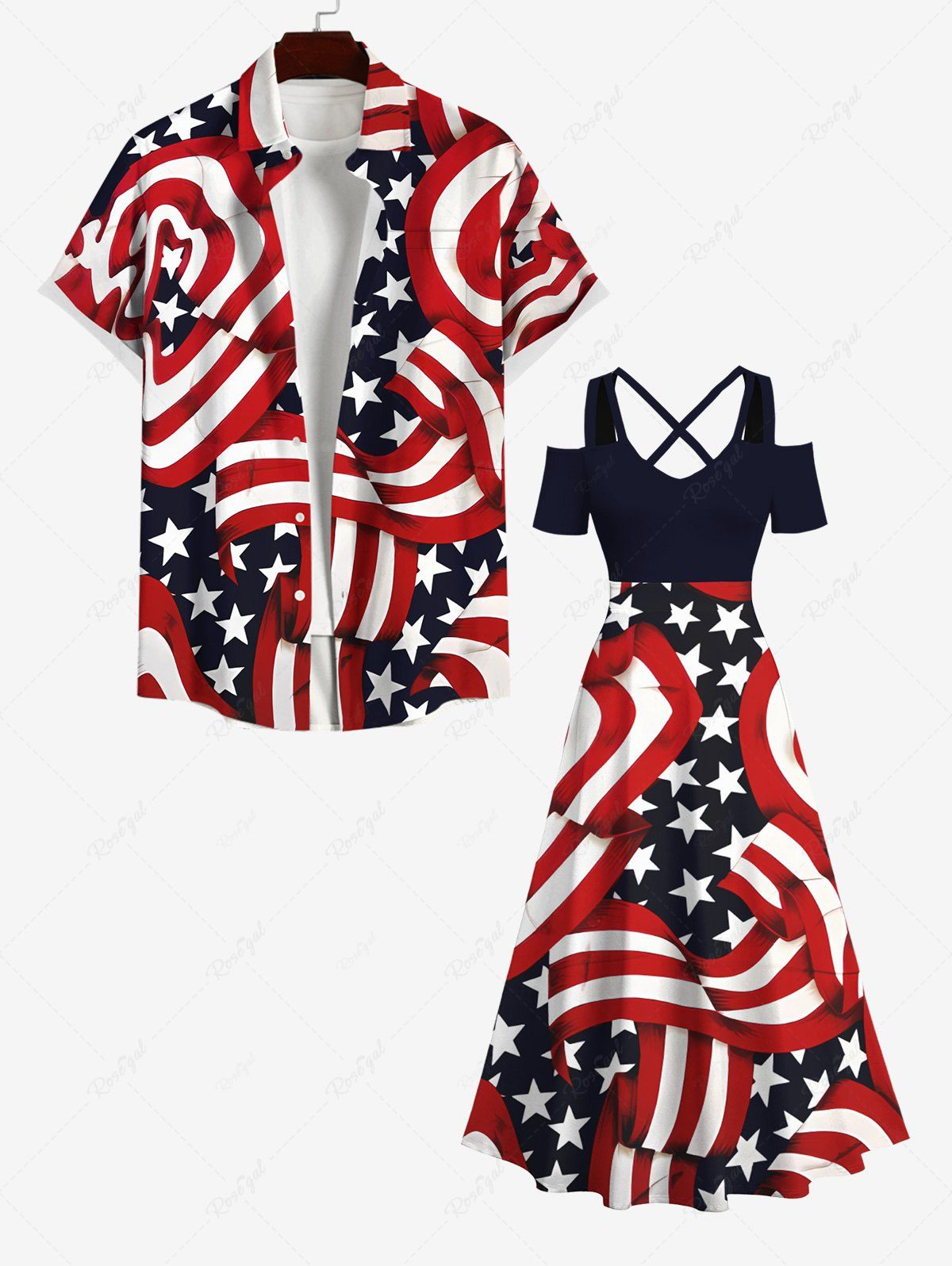 Outfits Striped Ribbon Patriotic American Flag Print Plus Size Matching Set For Couples  