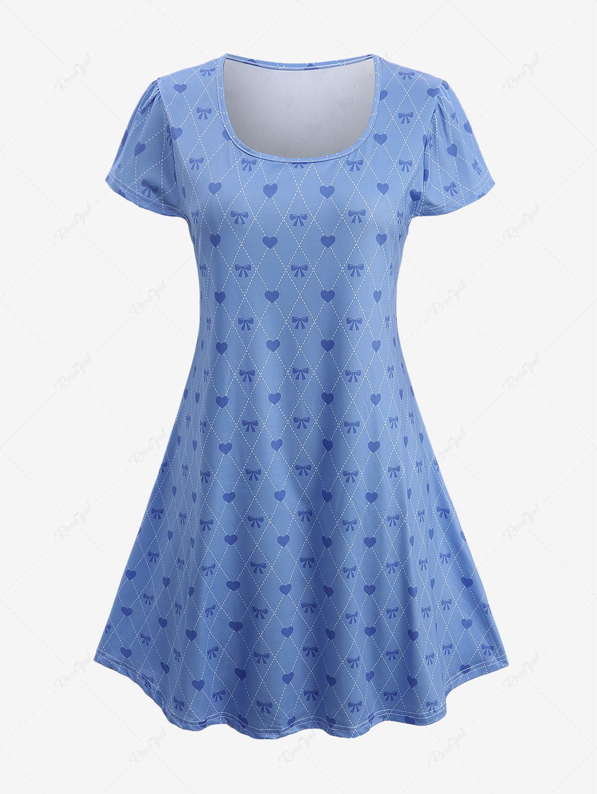 Store Plus Size Heart Bowknot Diamond Lattice Print Dress  