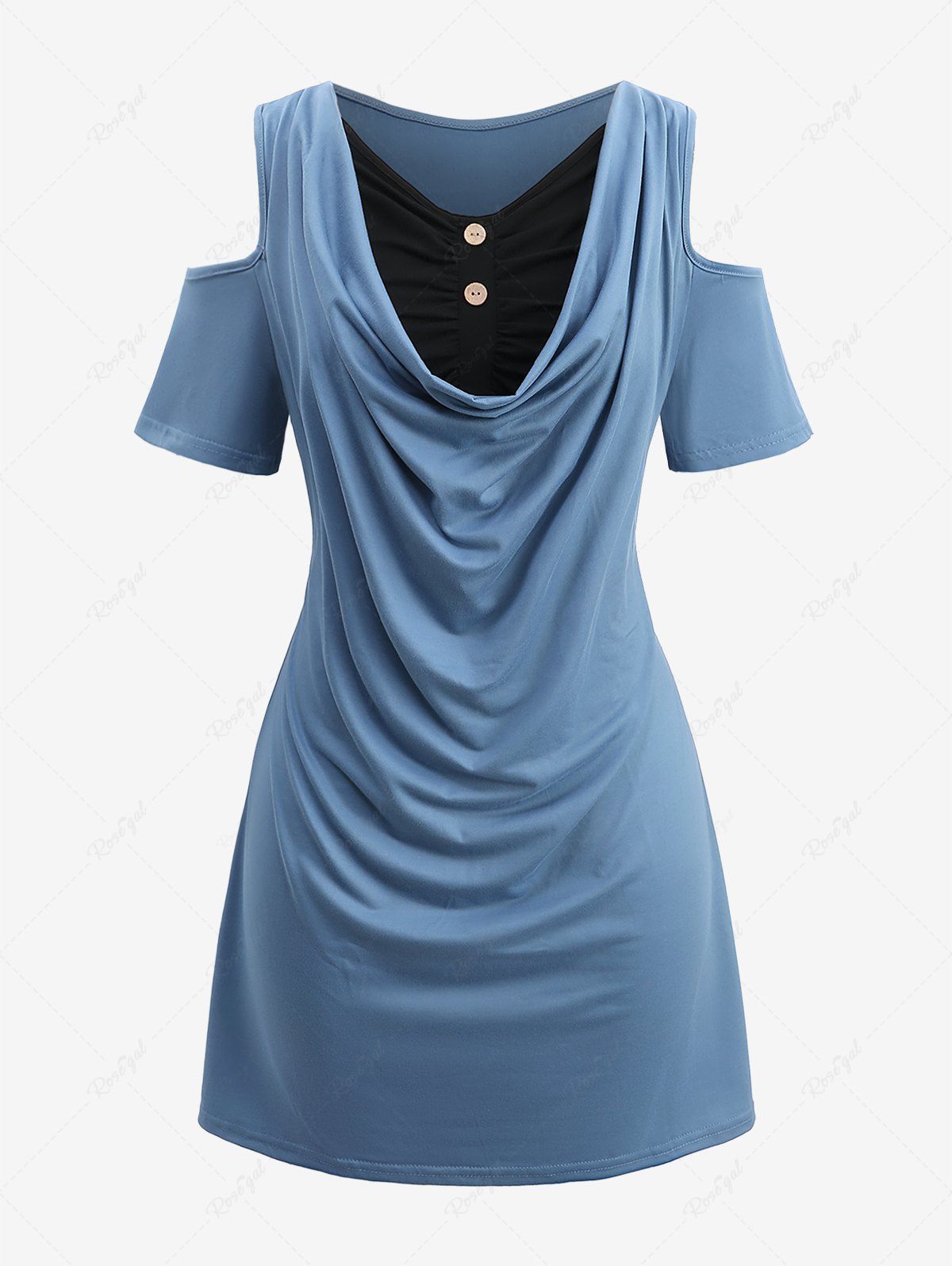 Robe Plissée à Epaule Dénudée avec Bouton de Grande Taille à Col Bénitier Bleu 4XL