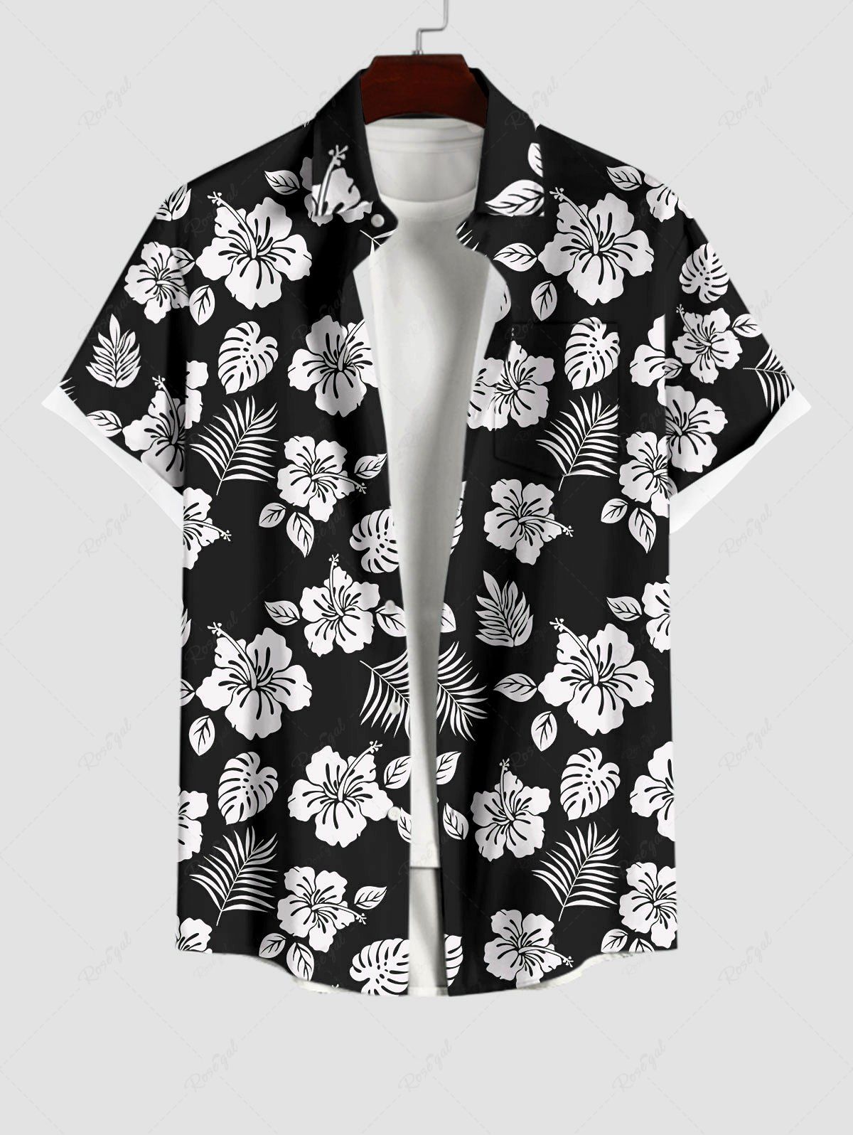 Outfits Plus Size Tropical Leaf Hibiscus Flower Print Hawaii Button Pocket Shirt For Men  