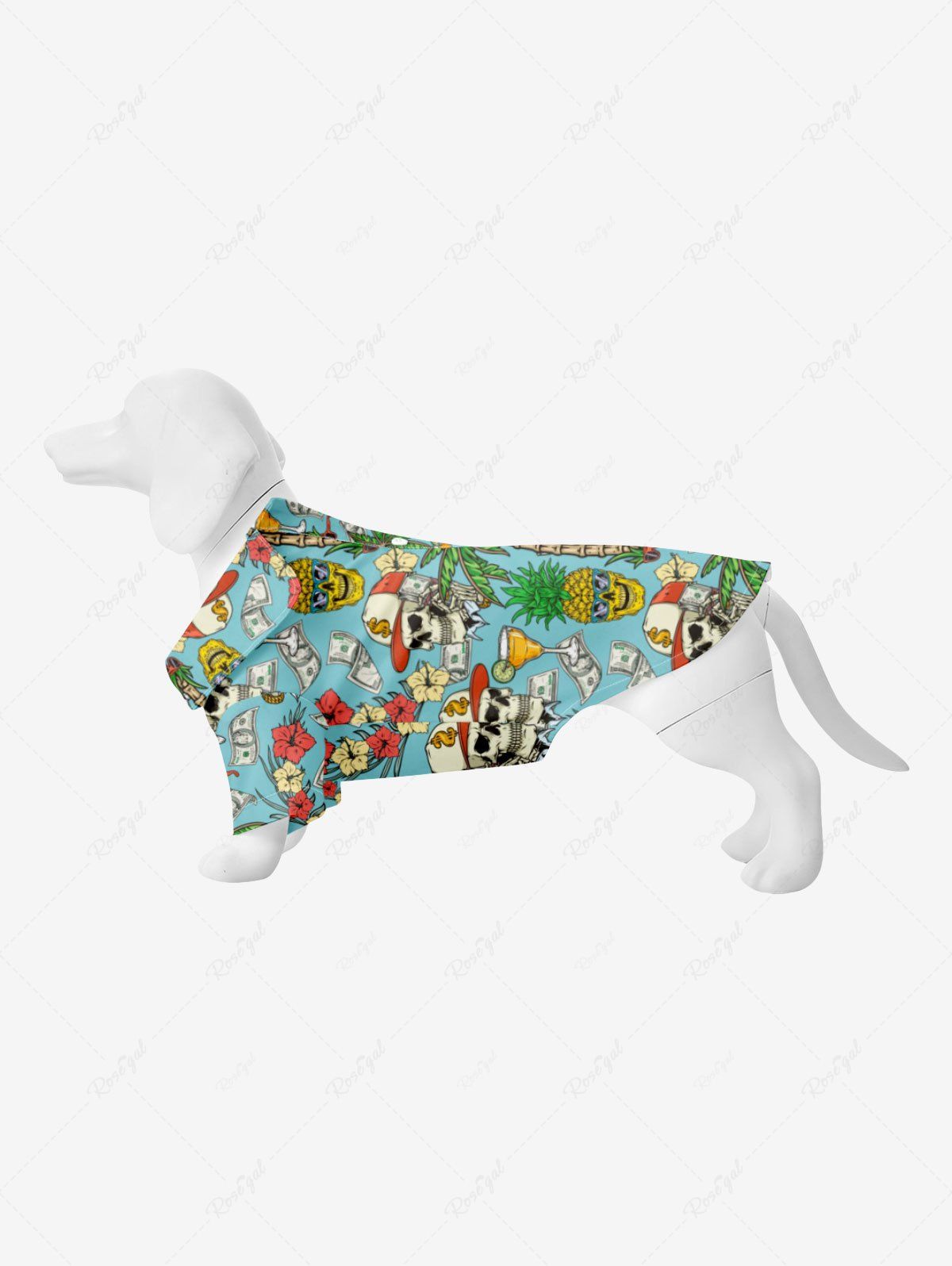Discount Pet's Skull Pineapple Coconut Tree Floral Currency Print Hawaii Button Shirt  