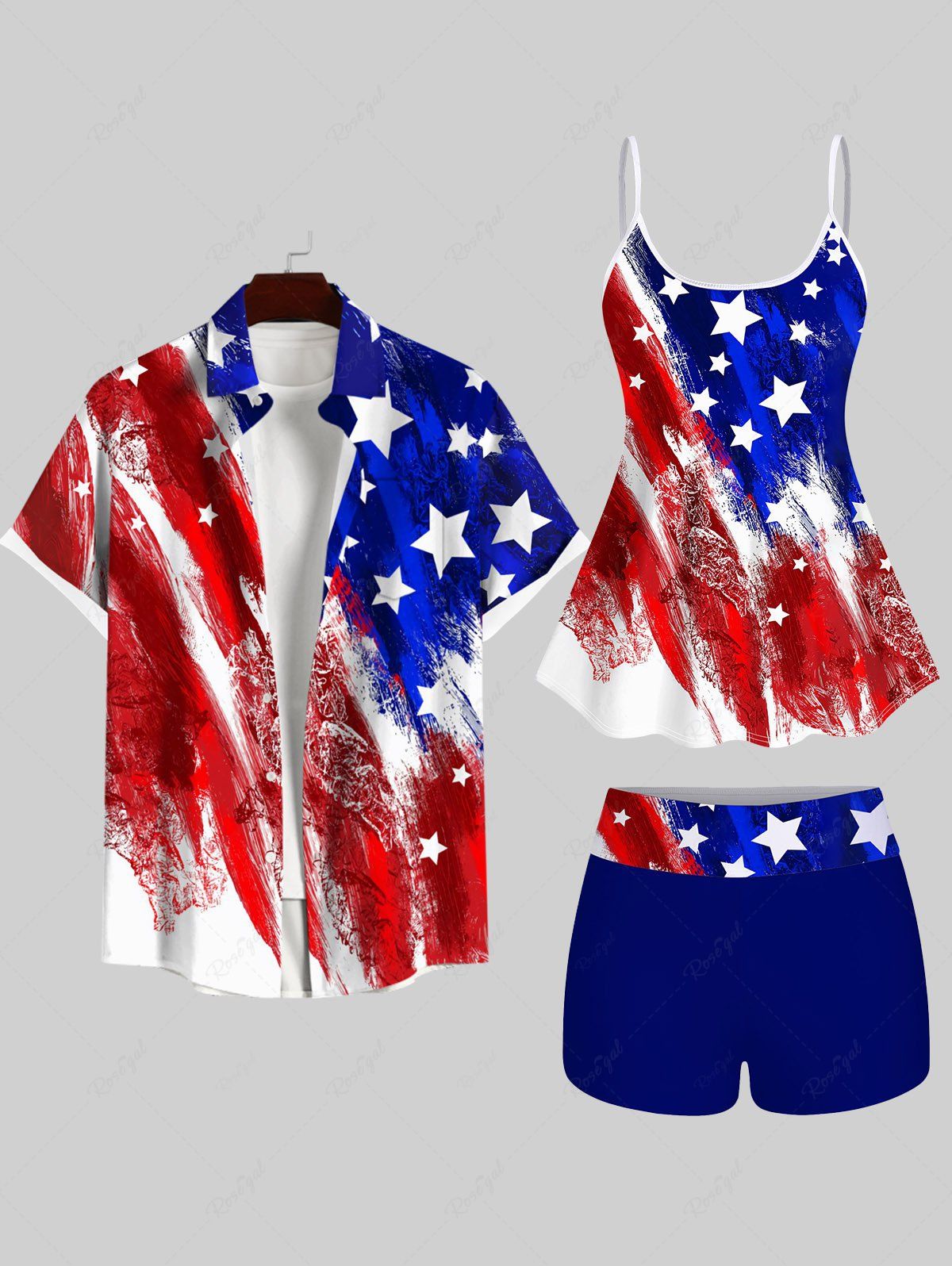 Outfits Painting American Flag Print Boyleg Tankini Swimsuit and Shirt Plus Size Matching Set For Couples  