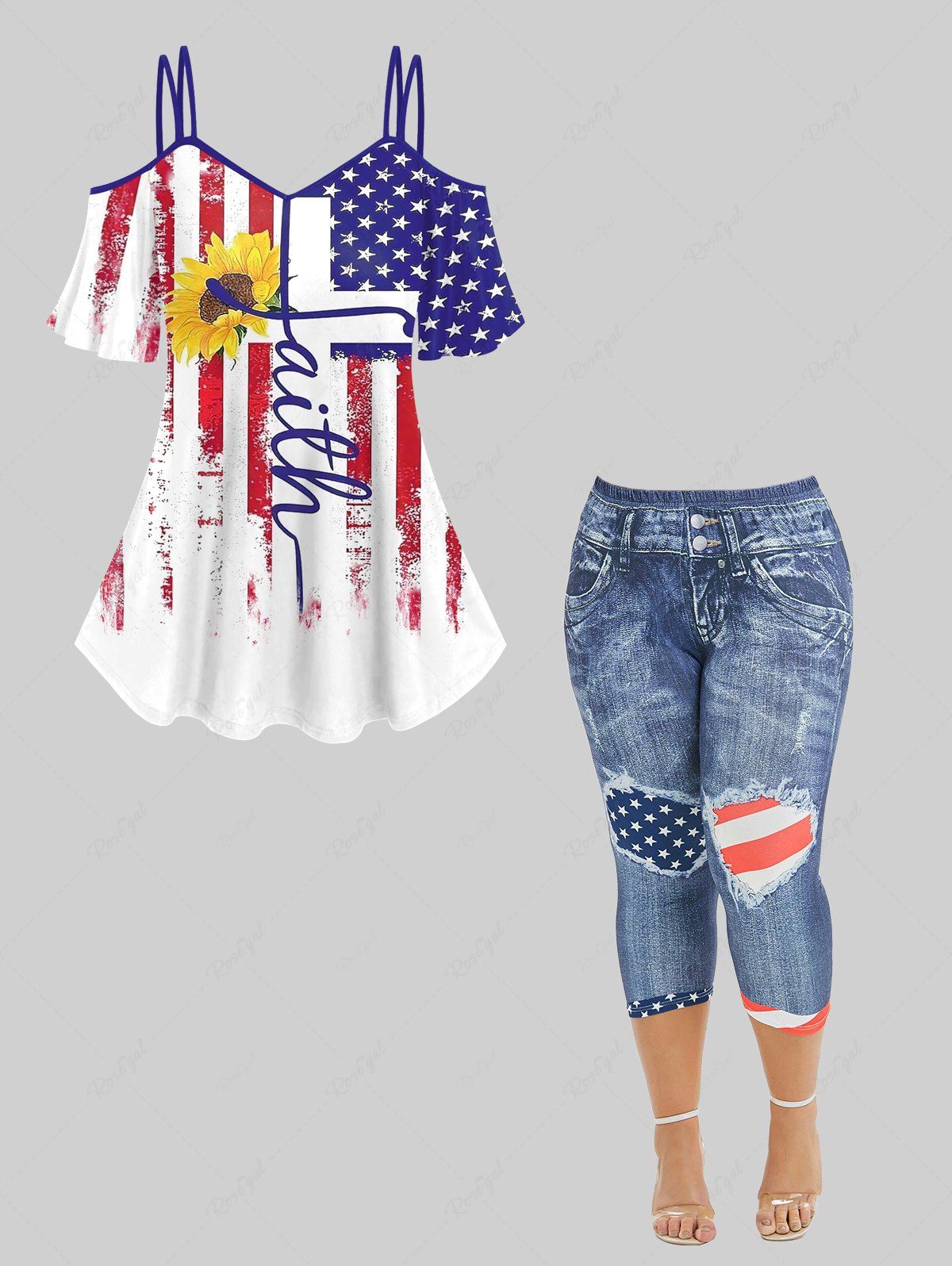 New American Flag Sunflower Print T-shirt and 3D Ripped Denim Graphic Leggings Plus Size Matching Set  