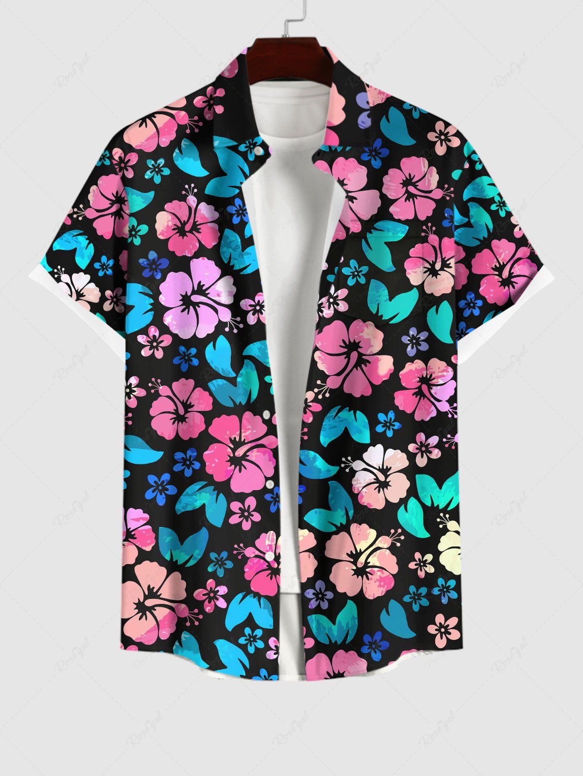 Hot Plus Size Colorful Flowers Print Buttons Pocket Hawaii Shirt For Men  