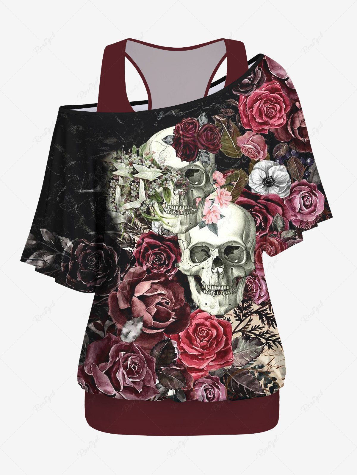 Store Plus Size Solid Racerback Tank Top and Skulls Painting Flower Print T-shirt Set  