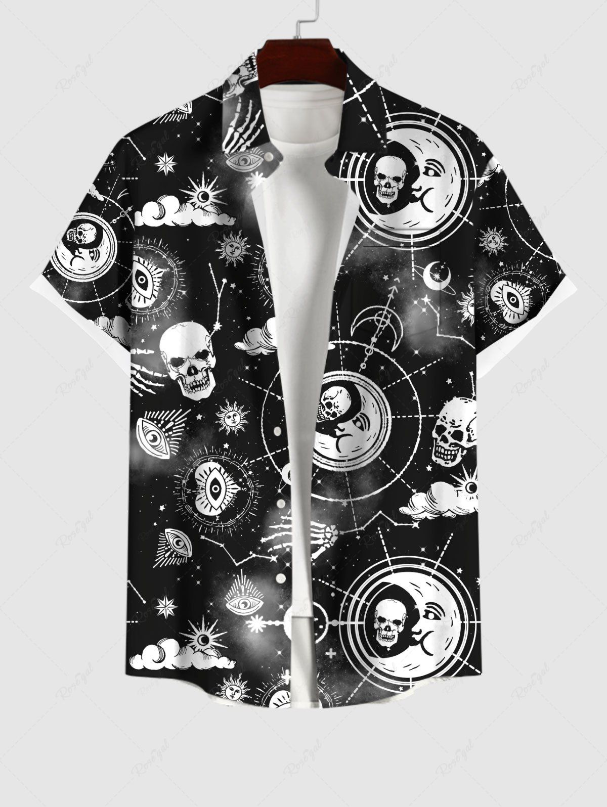 Best Plus Size Galaxy Sun Moon Star Eyes Skulls Print Buttons Pocket Shirt For Men  