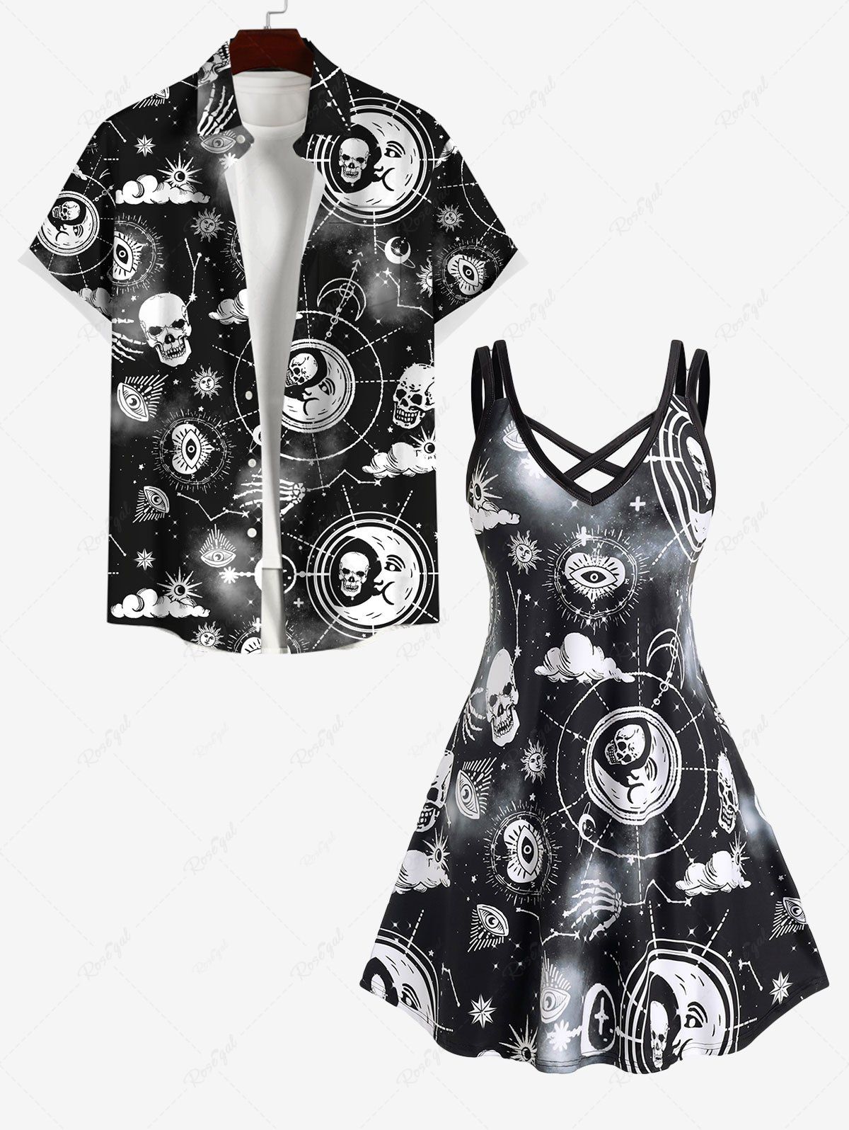 Online Galaxy Sun Moon Star Eyes Skulls Print Plus Size Matching Outfit For Couples  