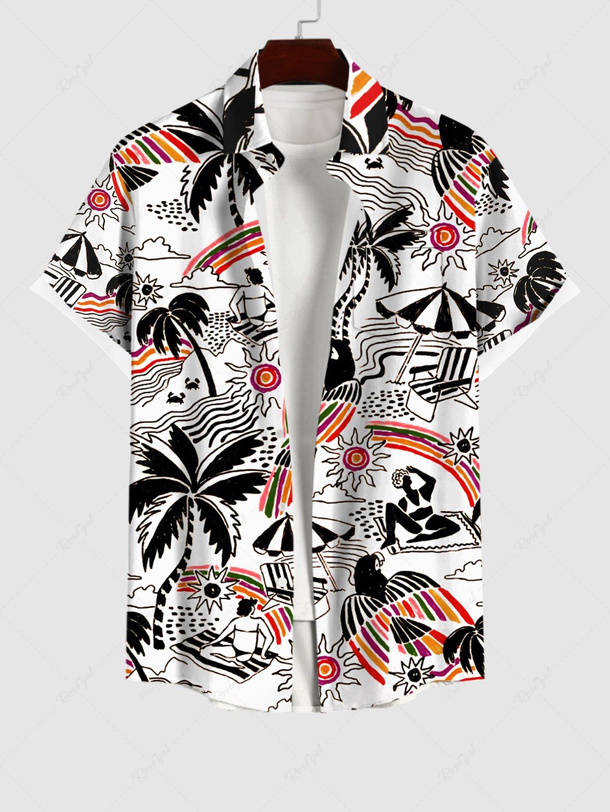Best Plus Size Coconut Tree Beach Seascape Swallow Sun Print Hawaii Button Pocket Shirt For Men  