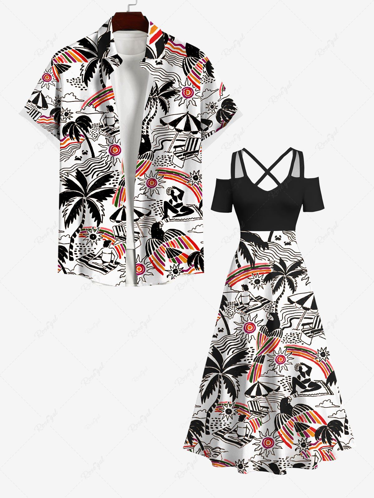 Discount Coconut Tree Beach Seascape Swallow Sun Print Plus Size Matching Hawaii Beach Outfit For Couples  