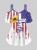 American Flag Sunflower Print T-shirt and 3D Ripped Denim Graphic Leggings Plus Size Matching Set -  