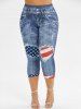 American Flag Sunflower Print T-shirt and 3D Ripped Denim Graphic Leggings Plus Size Matching Set -  