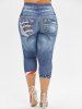 American Flag Sunflower Print T-shirt and 3D Ripped Denim Graphic Leggings Plus Size Matching Set -  