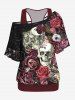 Solid Tank Top and Skulls Painting Flower Print T-shirt Set and Flocking Lace-up Flare Pants Plus Size Outfit -  