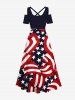 Plus Size Cold Shoulder Striped Ribbon Patriotic American Flag Print Crisscross A Line Dress -  