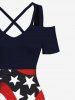 Plus Size Cold Shoulder Striped Ribbon Patriotic American Flag Print Crisscross A Line Dress -  