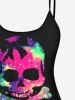 Maillot de Bain Tankini Short de Grande Taille Imprimé de Crâne et Paillettes à Col Montant - Noir 2X