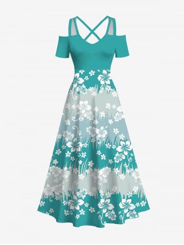 Plus Size Cold Shoulder Floral Grass Striped Print Crisscross Hawaii A Line Dress - MULTI-A - 6X