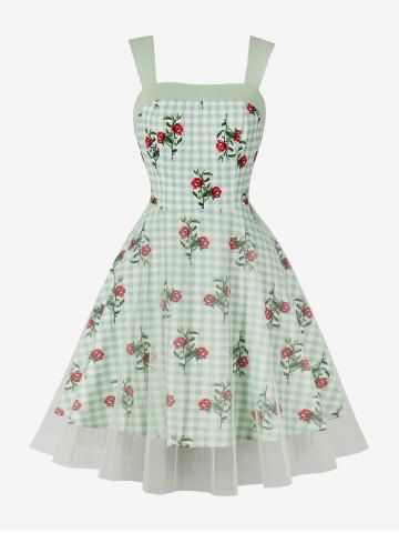 Rose Flowers Leaf Plaid Print Ruched Back Mesh Tank Vintage Dress - GREEN - S