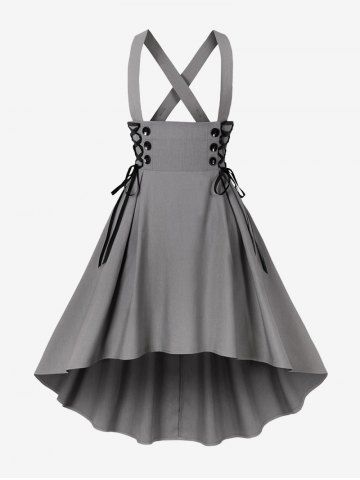 Crisscross Strap Lace Up High Low Vintage Suspender Skirt - GRAY - XL