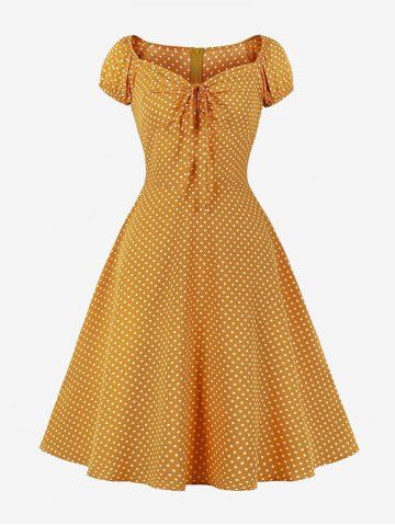 Polka Dots Print Cinched Zipper Back Vintage Dress - YELLOW - S